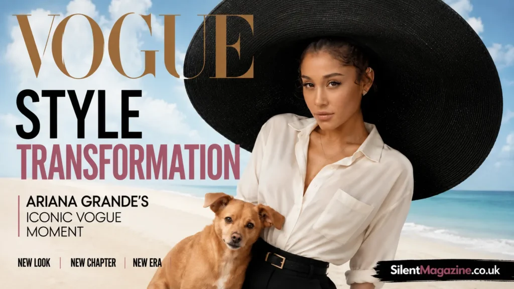 Ariana Grande Vogue cover inspired fashion magazine image with stylish outfit and beach background