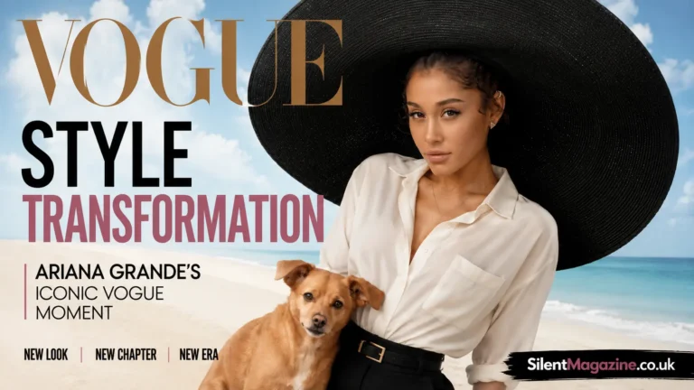 Ariana Grande Vogue cover inspired fashion magazine image with stylish outfit and beach background
