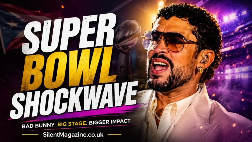 Bad Bunny performing during a dramatic Super Bowl halftime show with stadium lights and concert atmosphere