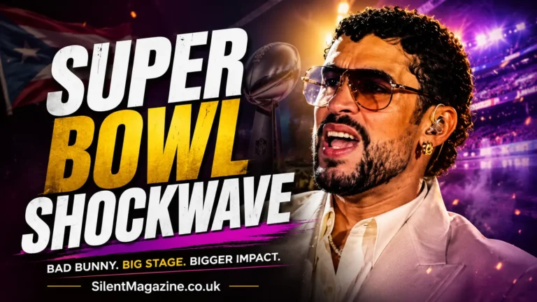 Bad Bunny performing during a dramatic Super Bowl halftime show with stadium lights and concert atmosphere