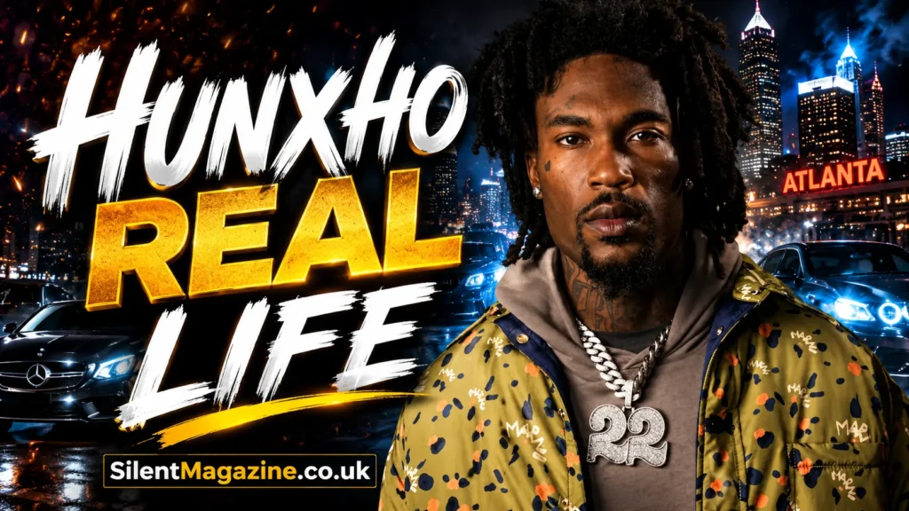 Hunxho Age cinematic portrait of a young rapper in neon urban streetwear style with SilentMagazine.co.uk branding