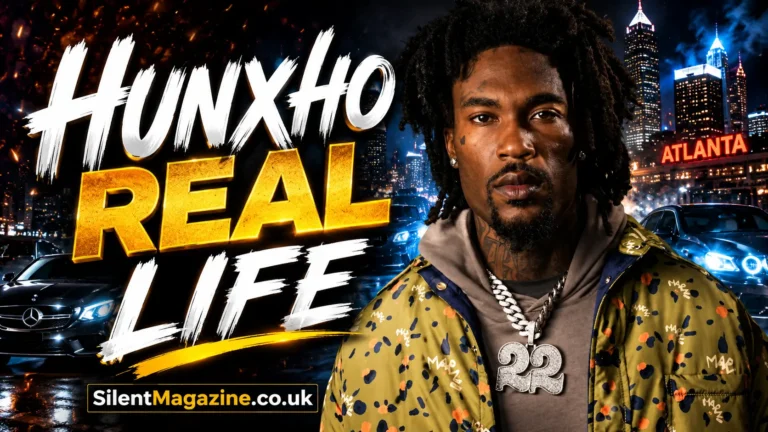 Hunxho Age cinematic portrait of a young rapper in neon urban streetwear style with SilentMagazine.co.uk branding
