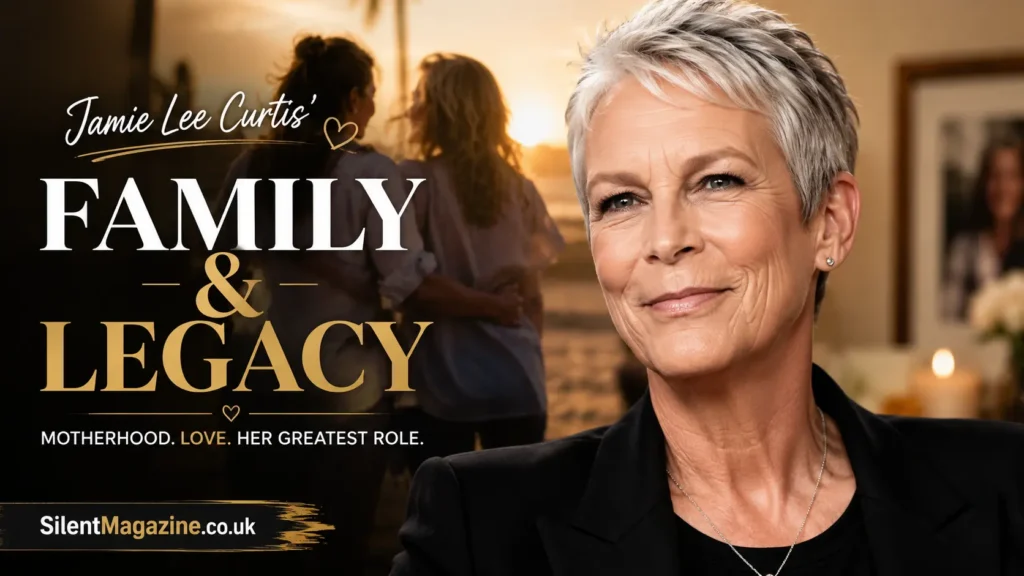Jamie Lee Curtis’ children featured in a cinematic family legacy magazine-style banner with emotional storytelling design