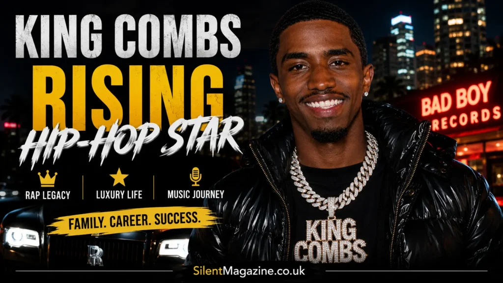 King Combs biography image showing rapper lifestyle, luxury fashion, music career and hip-hop success