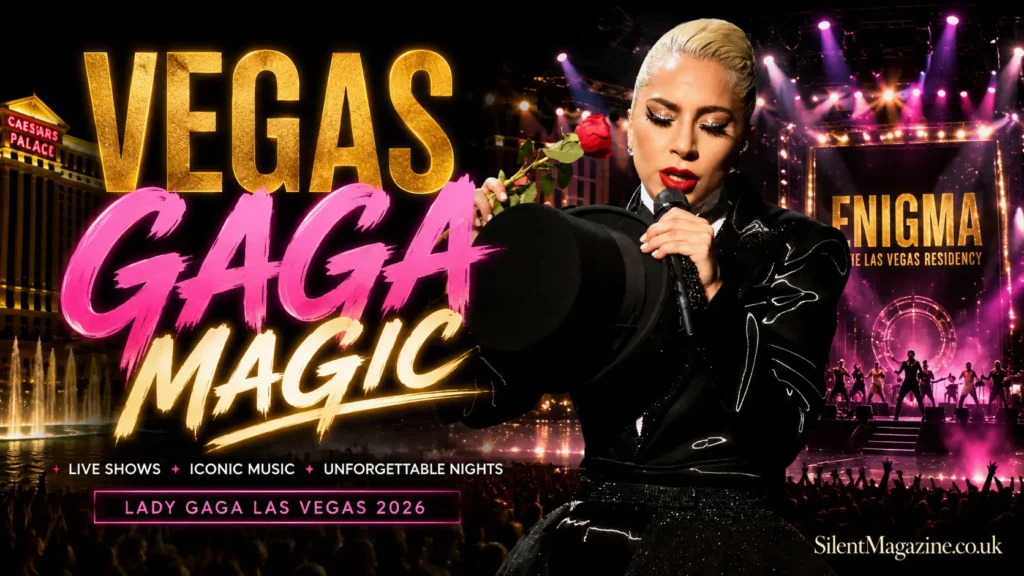 Lady Gaga Las Vegas performance poster with glamorous concert stage and neon Vegas lights