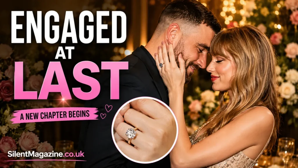 taylor swift engaged photo showing romantic engagement moment with Travis Kelce and close-up diamond ring