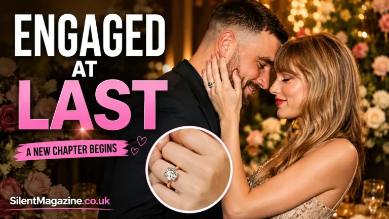 taylor swift engaged photo showing romantic engagement moment with Travis Kelce and close-up diamond ring