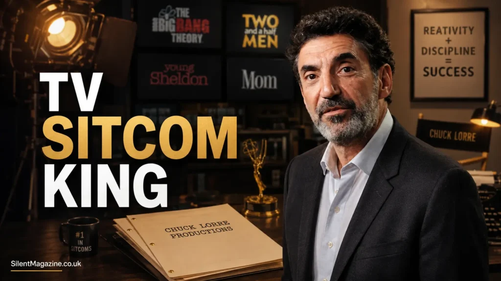 Chuck Lorre biography showing television producer Chuck Lorre in Hollywood style background with sitcom success theme