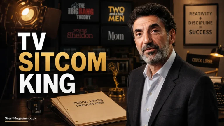 Chuck Lorre biography showing television producer Chuck Lorre in Hollywood style background with sitcom success theme