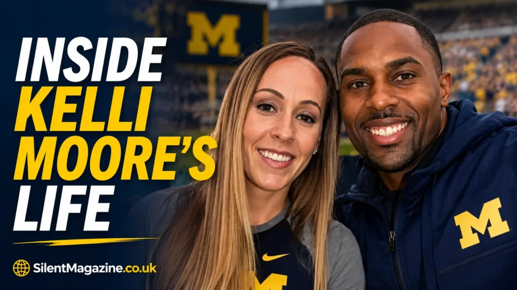 Sherrone Moore wife Kelli Moore featured image showing the couple with a Michigan football-themed background