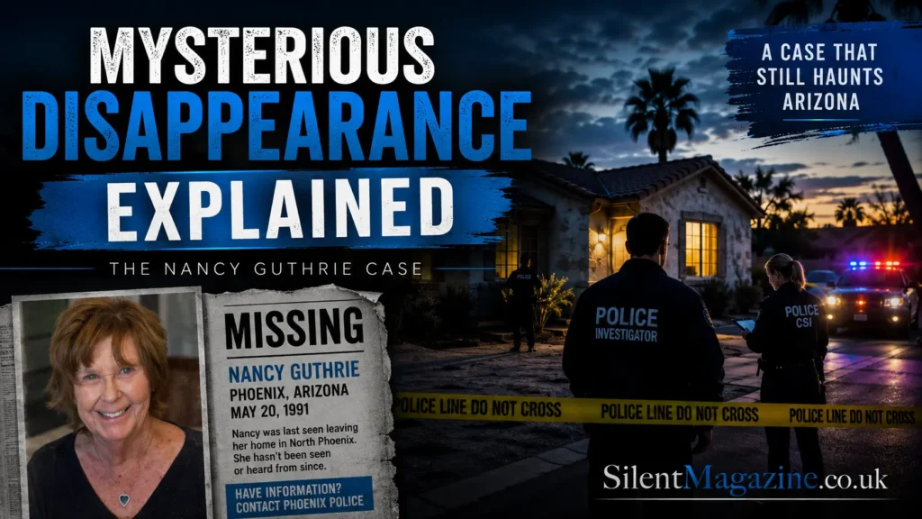nancy guthrie missing investigation scene with police and suburban home background